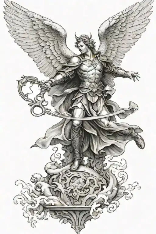 ArchAngel Michael fighting lucifer, lucifer is falling from the sky while ther is a big light above the archangel  tattoo design idea
