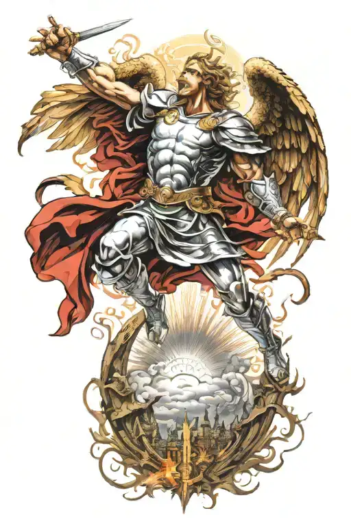 ArchAngel Michael fighting lucifer, lucifer is falling from the sky while ther is a big light above the archangel  tattoo design idea