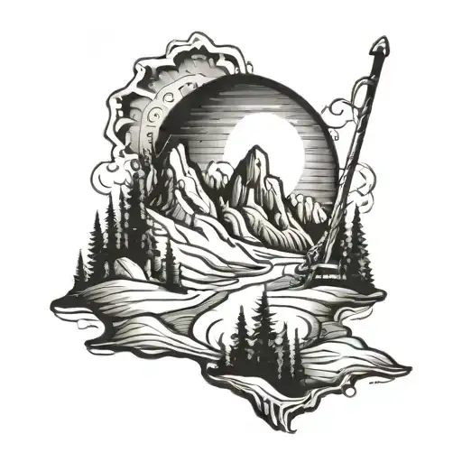 Mountains, skiing, snow, sun, trees tattoo design idea