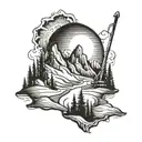 Mountains, skiing, snow, sun, trees tattoo design idea