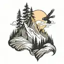 Mountains, skiing, snow, sun, trees tattoo design idea
