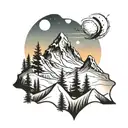 Mountains, skiing, snow, sun, trees tattoo design idea