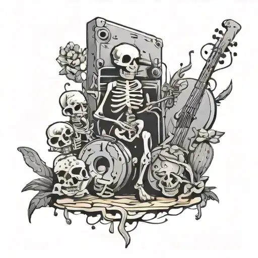 A graffiti wall with music notes and skeletons dancing around a cactus garden tattoo design idea