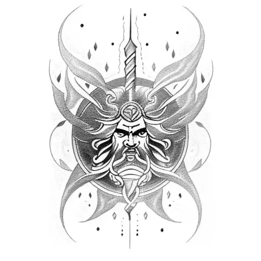 A dynamic and intricate sleeve tattoo featuring a majestic representation of Zeus wielding thunderbolts, surrounded by swirling storm clouds and lightning bolts. tattoo design idea