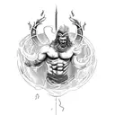 A dynamic and intricate sleeve tattoo featuring a majestic representation of Zeus wielding thunderbolts, surrounded by swirling storm clouds and lightning bolts. tattoo design idea