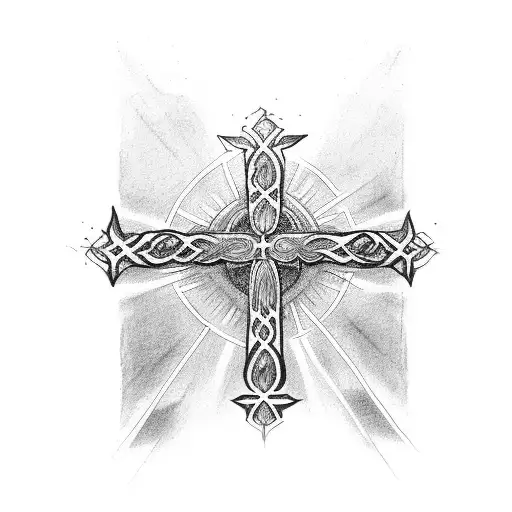 long skinny cross with Bible verse tattoo design idea