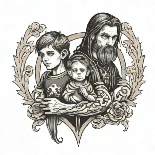 father and two sons holding hands inside gothic frame tattoo design idea