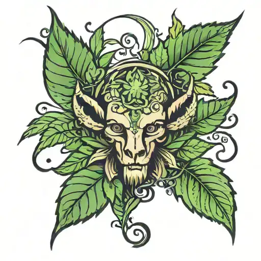 teadmatus on õndsus with cannabis leaves and Aries symbol tattoo design idea