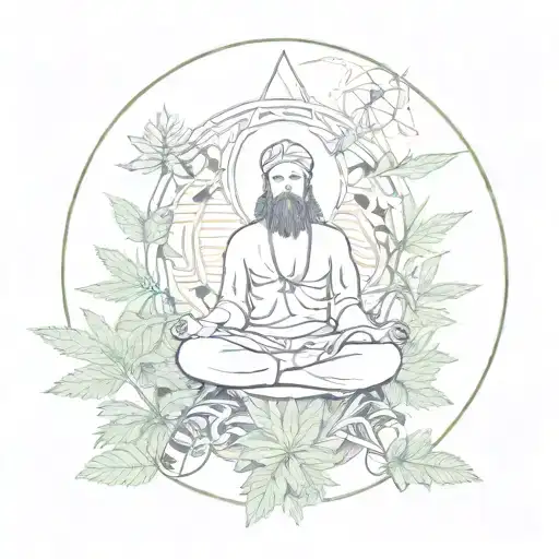 A surreal composition of a person meditating in a field of marijuana plants, surrounded by ancient Estonian symbols, representing the connection between self awareness and cultural heritage tattoo design idea