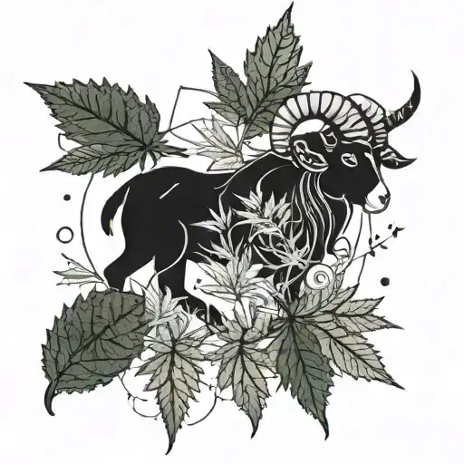 Aries constellation intertwined with cannabis leaves tattoo design idea