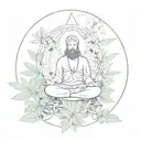 A surreal composition of a person meditating in a field of marijuana plants, surrounded by ancient Estonian symbols, representing the connection between self awareness and cultural heritage tattoo design idea