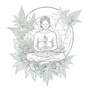 A surreal composition of a person meditating in a field of marijuana plants, surrounded by ancient Estonian symbols, representing the connection between self awareness and cultural heritage tattoo design idea