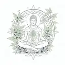 A surreal composition of a person meditating in a field of marijuana plants, surrounded by ancient Estonian symbols, representing the connection between self awareness and cultural heritage tattoo design idea