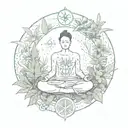 A surreal composition of a person meditating in a field of marijuana plants, surrounded by ancient Estonian symbols, representing the connection between self awareness and cultural heritage tattoo design idea