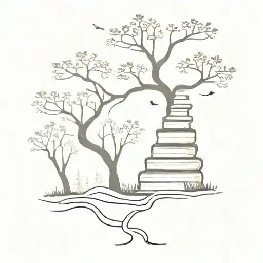 A minimalist tattoo of a stack of books with a winding trail leading into a forest, symbolizing the balance between love for literature and the outdoors tattoo design idea