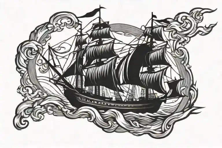 burning ship sailing tattoo design idea