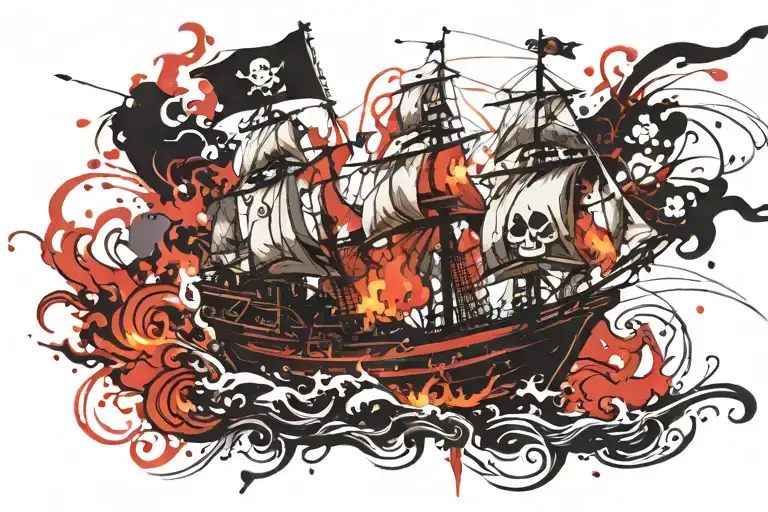 burning boat pirate tattoo design idea