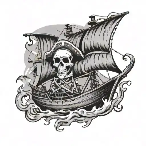 A pirate flag with a burning ship and skeletal crew tattoo design idea