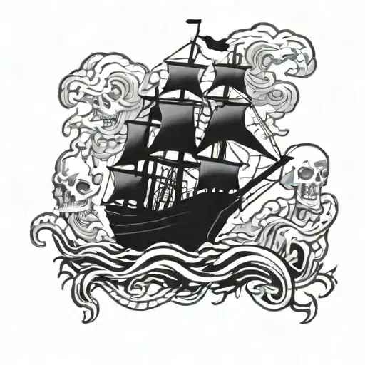 A ship engulfed in flames with a skull and crossbones flag tattoo design idea