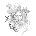 tattoo sleeve with boticelli venus, da Vinci david, And Dionysus with sakura flowers and leafs in the background tattoo design idea