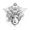 tattoo sleeve with boticelli venus, da Vinci david, And Dionysus with sakura flowers and leafs in the background tattoo design idea