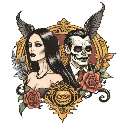 Create me a tattoo sleeve that reps me and my significant other with our love for morticia and Gomez, Halloween, day of  tattoo design idea