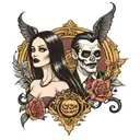 Create me a tattoo sleeve that reps me and my significant other with our love for morticia and Gomez, Halloween, day of  tattoo design idea