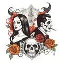 Create me a tattoo sleeve that reps me and my significant other with our love for morticia and Gomez, Halloween, day of  tattoo design idea