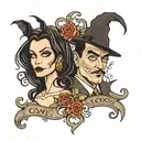 Create me a tattoo sleeve that reps me and my significant other with our love for morticia and Gomez, Halloween, day of  tattoo design idea