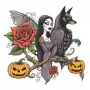 Create me a tattoo sleeve that reps me and my significant other with our love for morticia and Gomez, Halloween, day of  tattoo design idea