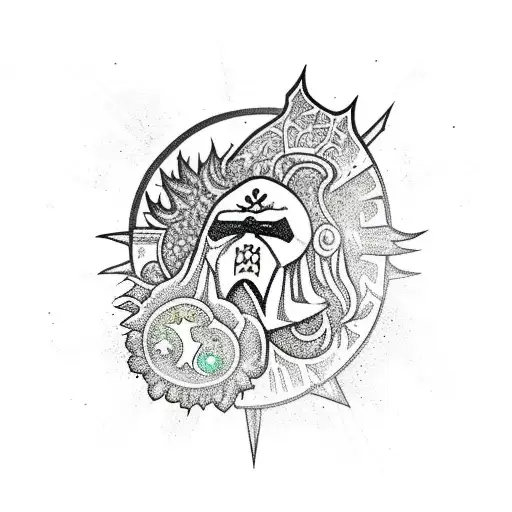 Big fantasy Ares, flowers, sun, stars and a black ninja in sleeve  tattoo design idea