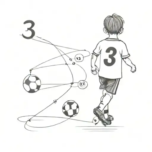 tattoo of a child on the back dressed like a footballer with the number 3 on his shirt and who has a leg on top of a bal tattoo design idea
