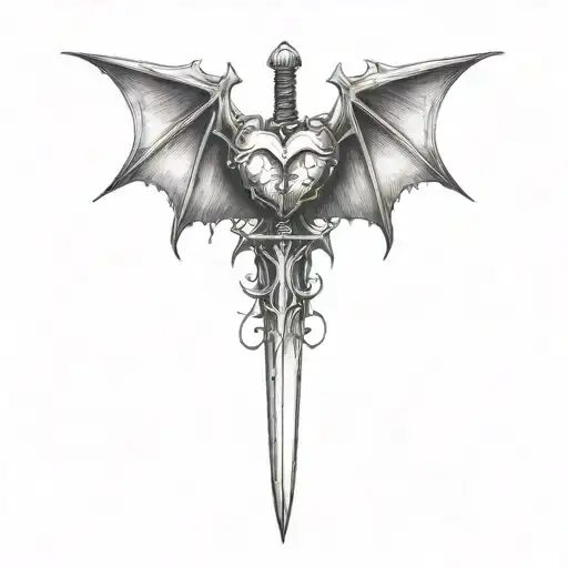 a sharp designed bat and sword as heart shape tattoo design idea