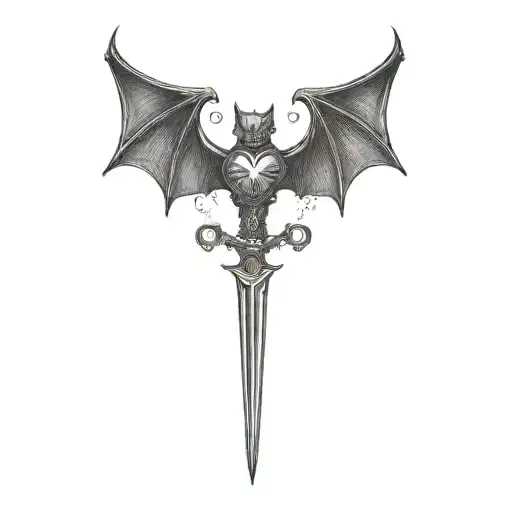 a sharp designed bat and sword as heart shape tattoo design idea