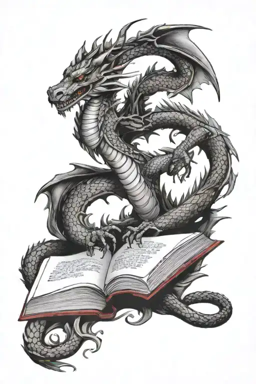 book open and dragon intertwined tattoo design idea