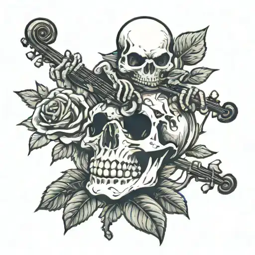 a skull with black roses growing out of it and a frog playing the fiddle sitting on top tattoo design idea