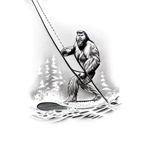 Bigfoot on a water ski holding a slalom ski rope  tattoo design idea