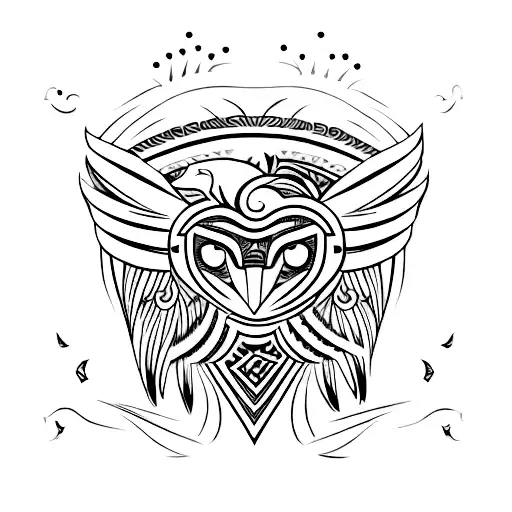 A polynesian-inspired eagle head tattoo with tribal patterns and symbols representing different countries the client has visited tattoo design idea