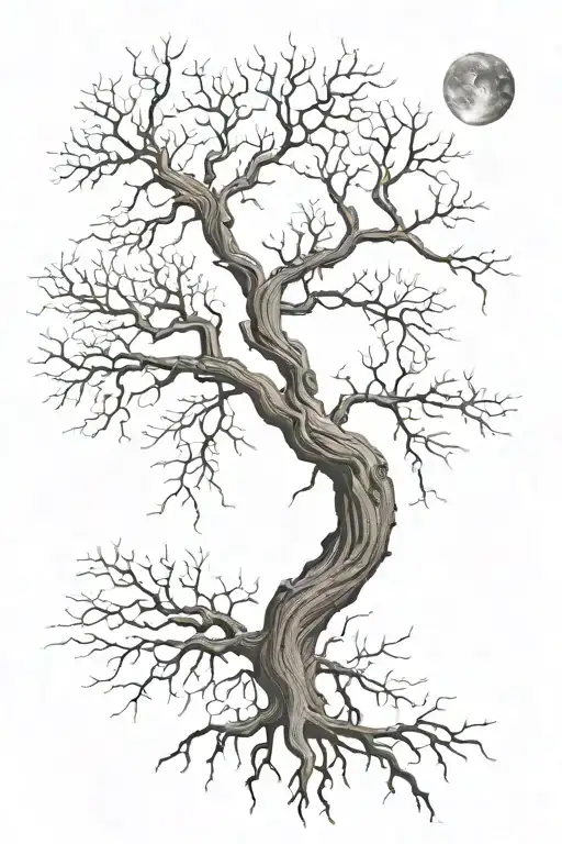 leafless tree branches with root bottom then gets smaller and less branches at top with a moon   tattoo design idea