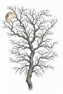 small leafless tree branches with root bottom then gets less branches at top with a moon in middle then branches on side tattoo design idea