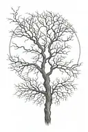 small leafless tree branches with root bottom then gets less branches at top with a moon in middle then branches on side tattoo design idea
