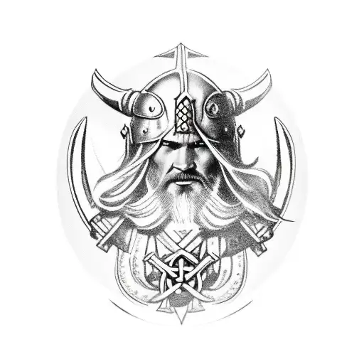 demonic Viking warrior combating a 1600 angelic French pikeman with war ships in the background behind a row of unmarked tattoo design idea