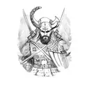 demonic Viking warrior combating a 1600 angelic French pikeman with war ships in the background behind a row of unmarked tattoo design idea