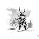 demonic Viking warrior combating a 1600 angelic French pikeman with war ships in the background behind a row of unmarked tattoo design idea