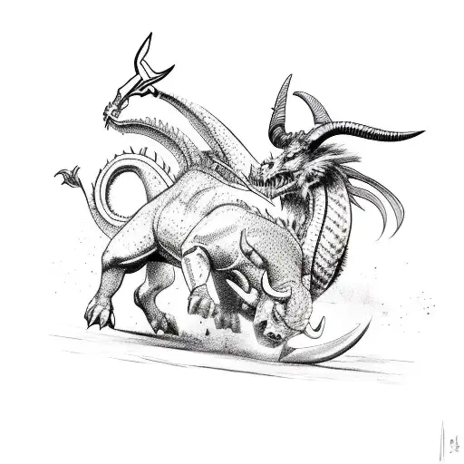 Dragon fighting a bull while an Oryx watches tattoo design idea