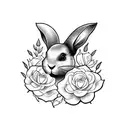 Black rabbit with floppy ears, flat and soft face running around flowers tattoo design idea