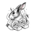 Black rabbit with floppy ears, flat and soft face running around flowers tattoo design idea