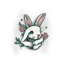 Black rabbit with floppy ears, flat and soft face running around flowers tattoo design idea