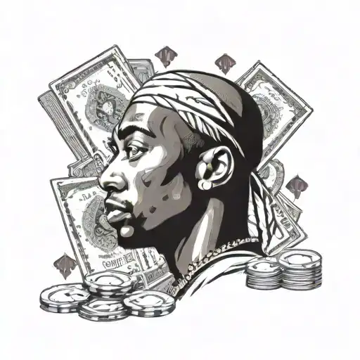tupac looking sideways with poker cards and poker chips in background with dollar signs tattoo design idea