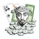 Tupac with dollar signs and poker chips and poker cards tattoo design idea